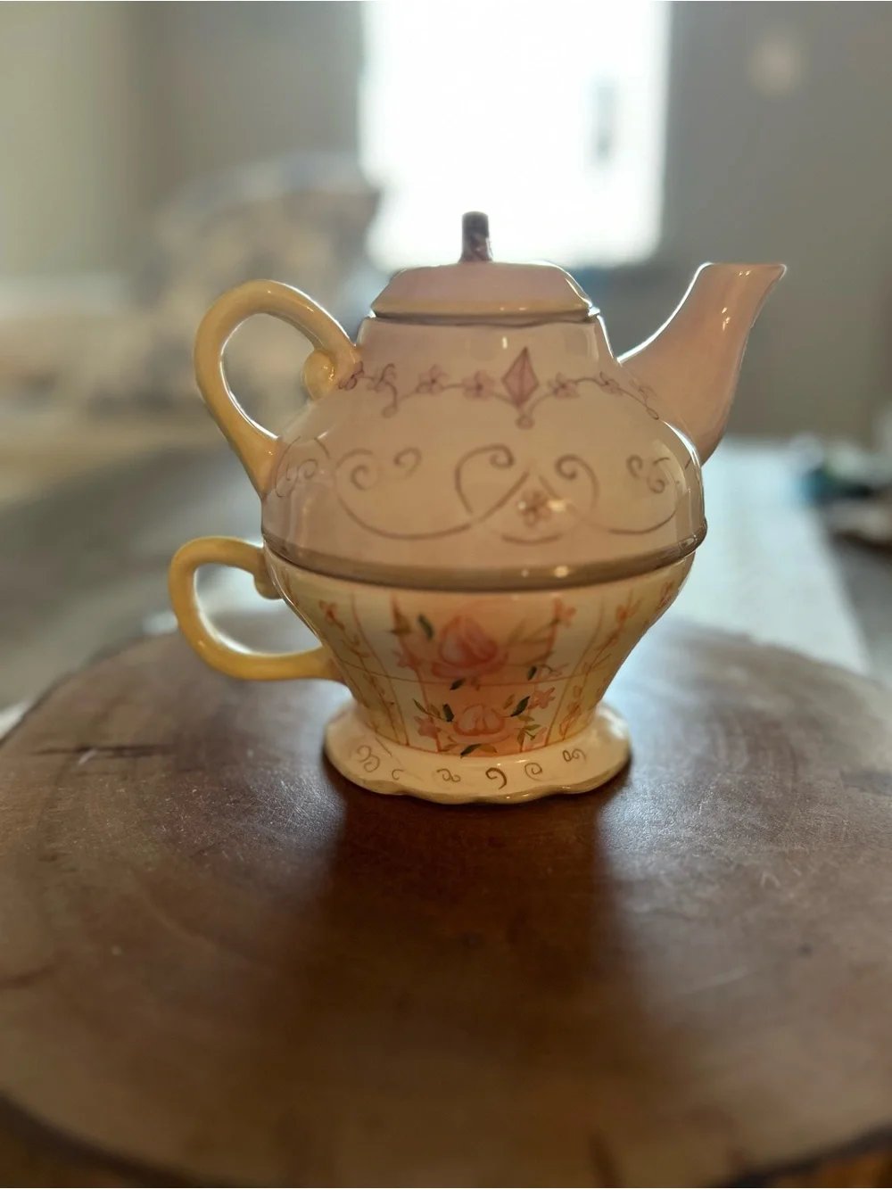 Vintage Fairy Pink Floral Porcelain Teapot and Cup Set With Handmade Design